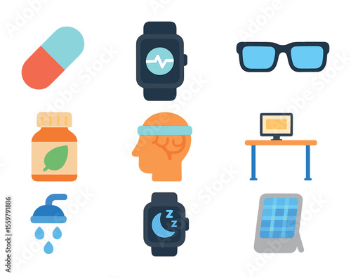 Biohacking Icon Set. Flat icon set of biohacking productivity: smart pill, wearable tracker, blue light