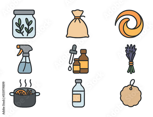 DIY Air Fresheners Icons. Flat icon set of DIY air fresheners: mason jar with herbs, baking soda sachet,