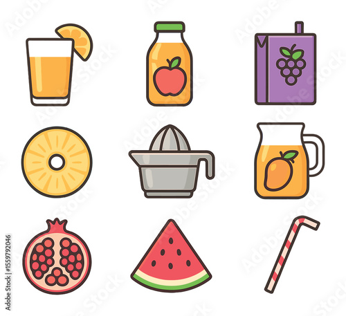 Fresh Juice Icons. Flat icon set of fresh juice varieties: orange juice glass, apple juice bottle, grape juice