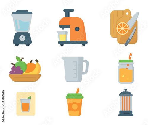 Juice Bar Icons. Flat icon set of juice bar essentials: blender, juicer machine, cutting board, fruit tray,