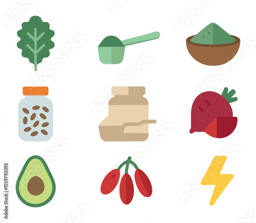 Superfood Smoothie Icons. Flat icon set of superfood smoothies: kale leaf, spirulina scoop, matcha powder,