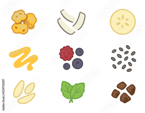 Smoothie Toppings Icons. Flat icon set of smoothie toppings: granola cluster, coconut flakes, sliced banana,