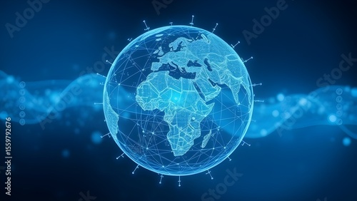 Futuristic Abstract Earth with Digital Wireframe and Data Connections in Blue
