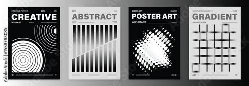 Abstract monochrome poster background vector set. Modern cover template with black and white perspective geometric prism shape, line, dot halftone. Ideal design for social media, banner, ads.