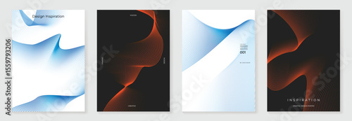 Abstract line wave gradient poster background vector set. Minimalist cover template with vibrant perspective line wave in motion. Ideal design for social media, cover, banner, flyer, music, ads.