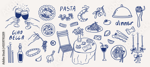 Whimsical Italian food pasta hand drawn set. Coastal mediterranean dinner table party summer sketch. Wedding coquette elements for greeting card template vector illustration
