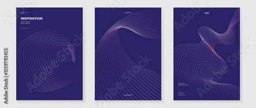 Abstract line wave gradient poster background vector set. Minimalist cover template with vibrant perspective line wave in motion. Ideal design for social media, cover, banner, flyer, music, ads.