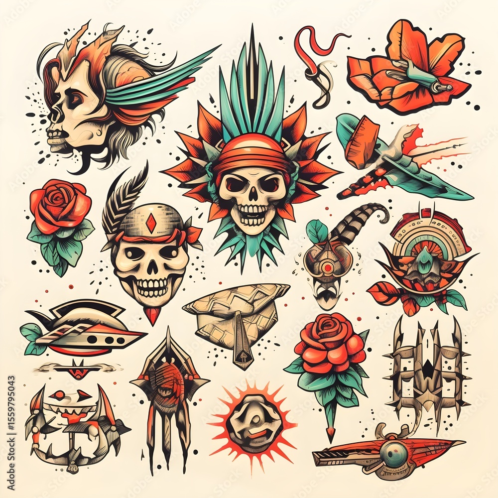 Fototapeta premium Tattoo Flash: Traditional tattoo flash art in a collage-style arrangement