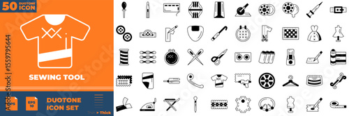 Sewing Tool Duotone Editable Icons set. Vector illustration in modern thin duotone style of sewing tool icons: cloth roller, fabrics, Knife cutter, etc