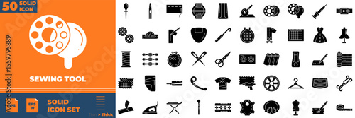 Sewing Tool Solid Editable Icons set. Vector illustration in modern thin solid style of sewing tool icons: cloth roller, fabrics, Knife cutter, etc