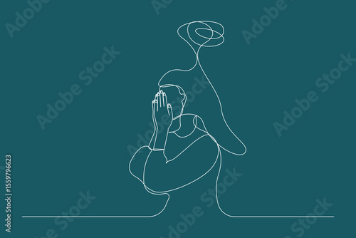 Woman suffering from depression isolated line drawing. Mental disorder concept hand-drawn illustration.	