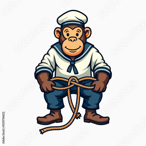 Cartoon Monkey Sailor Tying a Knot with Rope, Nautical Themed Illustration