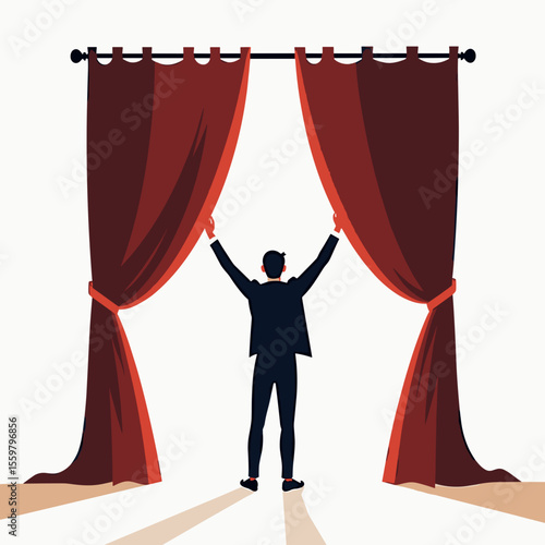 A Man Opening Red Curtains on a Stage, Revealing a Bright Light, Symbolic of Opportunity and New Beginnings