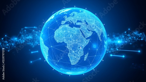 Futuristic Abstract Earth with Digital Wireframe and Data Connections in Blue