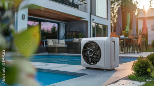 Modern air heat pump by a pool, blending efficiency with sleek outdoor design.