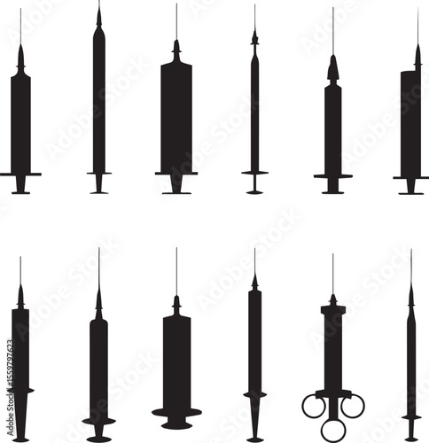 Collection of Black Silhouette Syringes for Medical Illustration