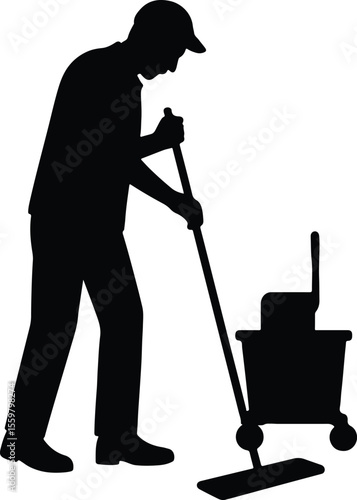 Silhouette janitor mopping floor cleaning service professional Vector illustration