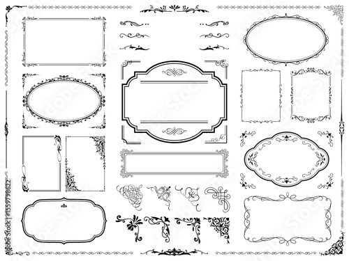 vintage frame set 2_black文字なし／サンプルテキスト・背景無しで使いやすい黒のビンテージフレームセット2
