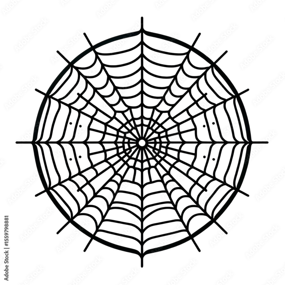 Fototapeta premium A vector icon of a spiderweb. The icon is created from elegant, straight black lines radiating from a central point, connected by gracefully curved, concentric lines.