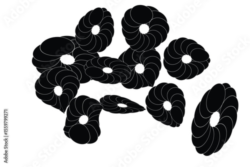 Black torus shapes on white background abstract
