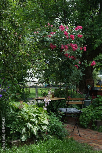 garden with flowers.Table in the garden above the arch with roses