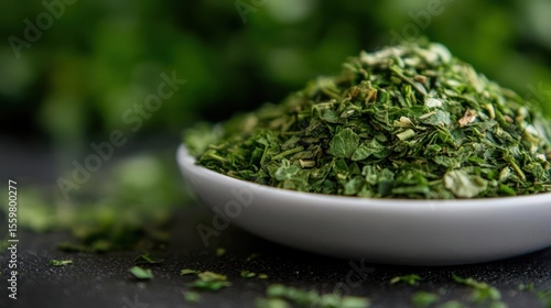 Dried Green Herbs in White Bowl on Dark Background with Blurred Foliage