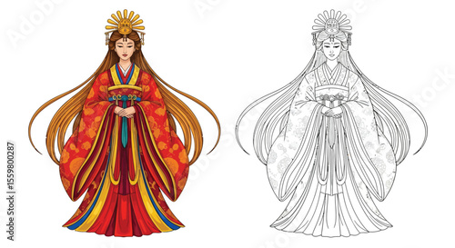 Revered Amaterasu Japanese Sun Goddess Coloring Page Full Color and Outline Figures