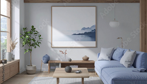 Serene Modern Living Room With Blue Sofa And Neutral Color Palette