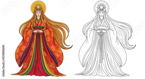 Amaterasu Japanese Sun Goddess Coloring Page with Dual Rendering Colored Outline Forms