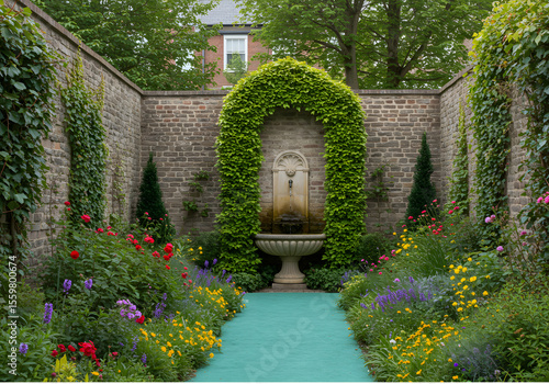Tranquil secret garden flourishing in a hidden pocket of a bustling city, tall stone walls, ivy-covered, stone fountain in the center, overgrown greenery, vibrant pops of red, yellow, and purple bloom