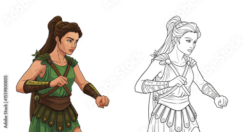 Skilled Artemis Greek Huntress Coloring Page Full Color and Crisp Line Art Styles