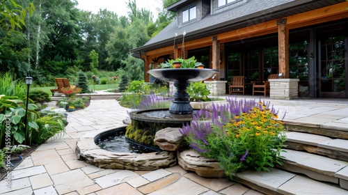 Wallpaper Mural Water fountain enhancing backyard garden of luxurious home Torontodigital.ca