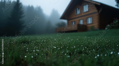 Wet Grass With Water Droplets In Front Of A Wooden Cabin In A Foggy Forest