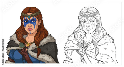 Boudica Warrior Queen Coloring Page with Colored and Outline Figures Historical Icon