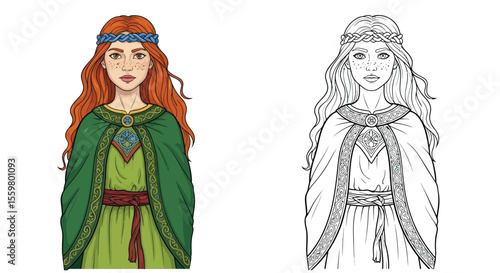 Divine Brigid Celtic Goddess Coloring Page Full Color and Crisp Outline Depictions