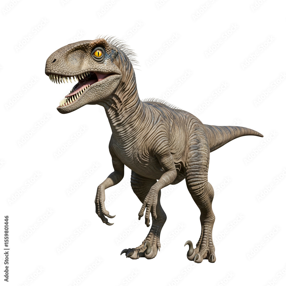 Realistic 3D Render of a Velociraptor with Open Mouth and Yellow Eyes on Isolated Background Realistic 3D Render of a Velociraptor with Open Mouth and Yellow Eyes on Isolated Background