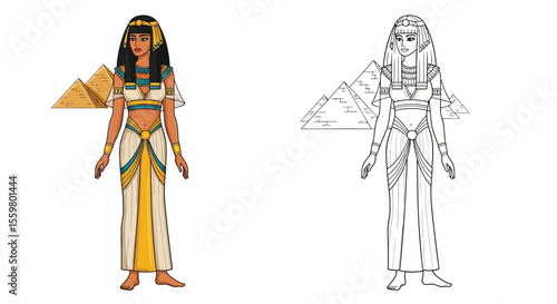 Cleopatra Egyptian Queen Coloring Page with Colored and Outline Versions History Art