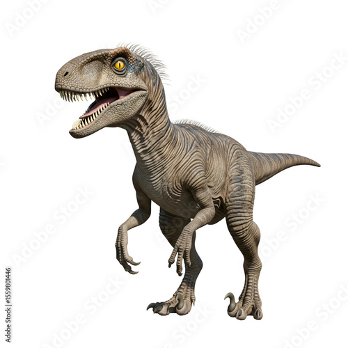 Realistic 3D Render of a Velociraptor with Open Mouth and Yellow Eyes on Isolated Background
