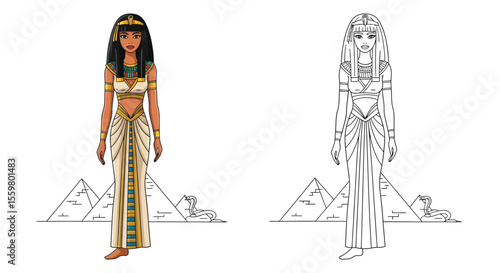 Legendary Cleopatra Egyptian Queen Coloring Page Full Color and Crisp Outline Art