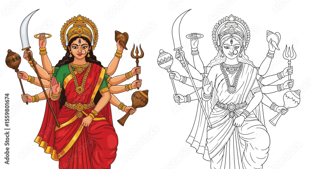 Fototapeta premium Durga Hindu Goddess Coloring Page with Colored and Outline Figures Mythology Art