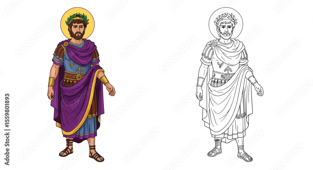 Fototapeta premium Emperor Constantine the Great Coloring Page with Two Visual Styles History Art