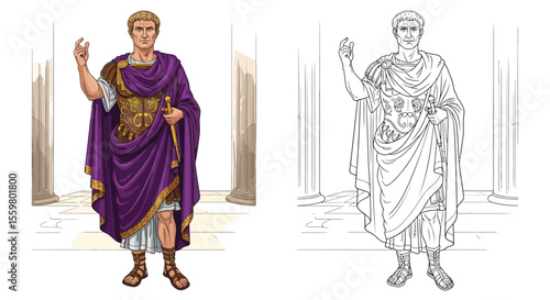 Emperor Augustus Caesar Coloring Page with Outline and Colored Figures Roman History