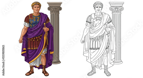 Legendary Emperor Augustus Caesar Coloring Page Full Color and Crisp Outline Art