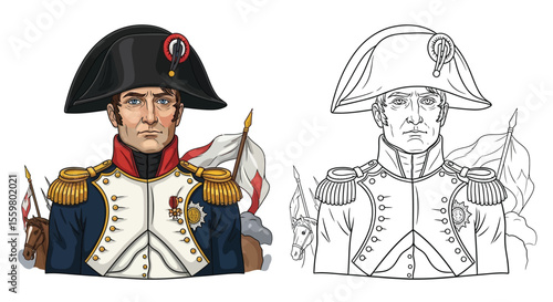 Legendary Emperor Napoleon Bonaparte Coloring Page Full Color and Crisp Outline Art