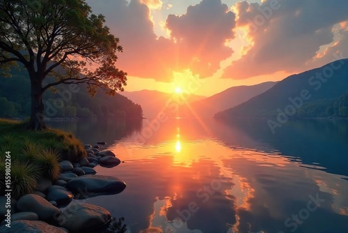 Serene Sunrise over Tranquil Lake Peaceful Reflection for Meditation, Yoga, and Mindfulness