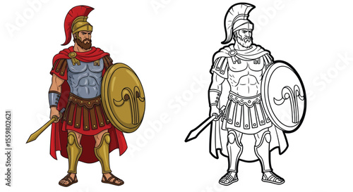 Hector Trojan Warrior Coloring Page with Colored and Outline Figures Mythology Art