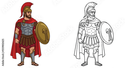 Noble Hector Trojan Warrior Coloring Page Featuring Full Color and Crisp Outline Art