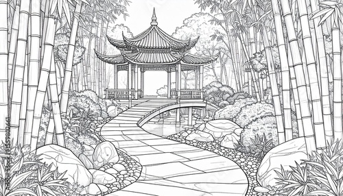 Wallpaper Mural Elegant line drawing of bamboo sanctuary with pagoda set in a peaceful garden landscape Torontodigital.ca