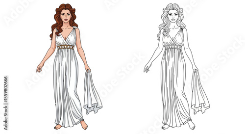 Helen of Troy Coloring Page with Full Color and Outline Figures Ancient History Art