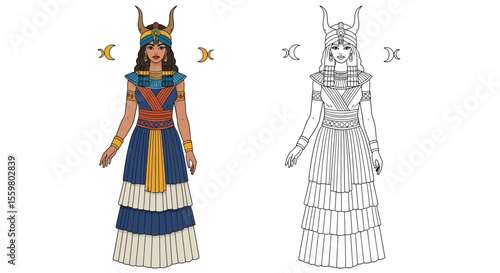 Divine Inanna Sumerian Goddess Coloring Page Full Color and Crisp Outline Figures